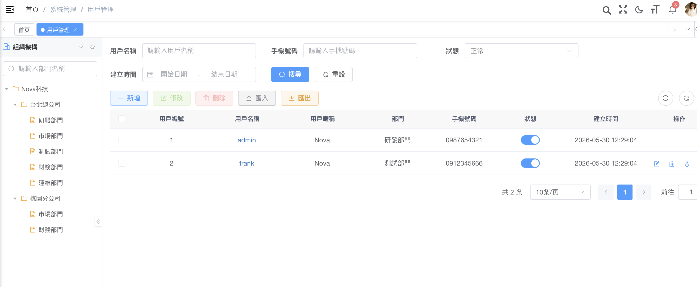 會員列表管理頁截圖